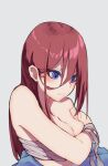  1girl bangs bare_shoulders blue_eyes blush breasts chest_sarashi cleavage closed_mouth go-toubun_no_hanayome highres long_hair lox_(orchis_lox) nakano_miku red_hair sarashi simple_background solo upper_body 