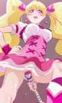  1girl blonde_hair breasts cure_peach earrings fresh_precure! from_below fuchi_(nightmare) hair_ornament hand_on_hip heart heart_earrings heart_hair_ornament highres holding holding_wand jewelry large_breasts long_hair looking_at_viewer looking_down magical_girl momozono_love open_mouth pink_eyes precure puffy_short_sleeves puffy_sleeves short_sleeves smile solo sweat twintails very_long_hair wand wrist_cuffs 
