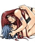  1boy 1girl arm_tattoo black_bra blue_hair bra brown_eyes couple erza_scarlet eye_contact facial_mark fairy_tail girl_on_top grin hair_down hetero jellal_fernandes lipstick long_hair looking_at_another lying makeup mashima_hiro on_back parted_lips red_hair short_hair simple_background smile spiked_hair tattoo teeth topless topless_male underwear white_background 