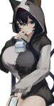  1girl absurdres animal_hood arknights bangs black_hair blaze_(arknights) blue_eyes breasts cat_hood cat_tail cellphone commentary_request cowboy_shot drinking_straw grey_jacket hair_between_eyes hairband highres holding holding_phone hood hooded_jacket jacket kajuu large_breasts long_hair long_sleeves looking_at_viewer milk_carton official_alternate_costume phone red_hairband smartphone solo tail thighs very_long_hair 
