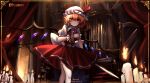  1girl absurdres ascot back_bow blonde_hair bow closed_mouth collared_shirt crystal dated english_text feet_out_of_frame flandre_scarlet frilled_shirt_collar frilled_vest frills hair_between_eyes hat hat_ribbon highres holding holding_sword holding_weapon indoors instrument large_bow lit_candle looking_at_viewer medium_hair mob_cap multicolored_wings organ_(instrument) puffy_short_sleeves puffy_sleeves red_curtains red_ribbon red_skirt red_vest ribbon shirt short_sleeves side_ponytail skirt skirt_set solo sword thighhighs top-exerou touhou vest weapon white_bow white_headwear white_shirt white_thighhighs wings wrist_cuffs yellow_ascot 