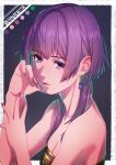  1girl aduti_momoyama bangs bare_arms bare_shoulders bernadetta_von_varley breasts character_name cleavage closed_mouth collarbone earrings eyelashes eyes_visible_through_hair fingernails fire_emblem fire_emblem:_three_houses hair_ribbon hand_on_own_arm hand_up highres jewelry lips long_hair medium_breasts nail_polish pink_lips purple_eyes purple_hair purple_nails purple_ribbon ribbon solo tassel tassel_earrings upper_body 