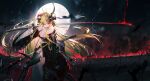  1girl absurdres armor bangs battlefield blonde_hair breasts burning commentary_request field_of_blades fire flag flame full_moon garter_straps glowing glowing_eyes highres holding holding_sword holding_weapon japanese_armor katana large_breasts light_particles long_hair looking_at_viewer moon moonlight night night_sky niliu_chahui off_shoulder original planted planted_sword red_eyes sheath skindentation sky smoke solo sword thick_thighs thighhighs thighs tokisaki_mio torn_clothes torn_thighhighs very_long_hair weapon 