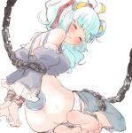  1girl animal_ears arms_behind_back ass bangs bare_shoulders bear_ears bear_girl bear_tail black_sleeves blue_hair blue_pants blush bound bound_arms breasts chain closed_eyes closed_mouth clothes_pull detached_sleeves hair_ornament hairclip highres juliet_sleeves long_hair long_sleeves medium_breasts nyama panties pants pants_pull panty_pull polka_dot polka_dot_panties ponytail puffy_sleeves show_by_rock!! simple_background solo spade_hair_ornament tail tsukino_(show_by_rock!!) underwear white_background white_panties 