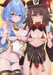  2girls absurdres alternate_costume ass_visible_through_thighs asymmetrical_docking bell bikini blue_bikini blue_hair blue_nails breast_press breasts brown_hair brown_headwear closed_mouth cowbell detached_sleeves flower flower-shaped_pupils food ganyu_(genshin_impact) genshin_impact goat_horns hair_between_eyes hat highres holding horns hu_tao_(genshin_impact) large_breasts long_hair looking_at_viewer medium_breasts multiple_girls nail_polish navel neck_bell orange_eyes plum_blossoms popsicle purple_eyes red_bikini simple_background smile swimsuit symbol-shaped_pupils thighs waterring white_sleeves yellow_background 