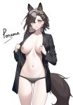  1girl animal_ears arknights ass_visible_through_thighs black_pants breasts brown_hair character_name collarbone cowboy_shot doctor2.0 dress_jacket ear_piercing extra_ears highres jacket lapels large_breasts long_sleeves looking_at_viewer medium_hair navel nipples no_bra no_shirt open_clothes open_jacket pants penance_(arknights) piercing simple_background solo tail white_background wolf_ears wolf_girl wolf_tail yellow_eyes 