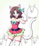  1girl animal_ears animal_hands bell blue_bow blue_eyes blush bow breasts brown_hair cat_(nyanko_daisensou) cat_ears cat_paws cat_tail hair_bow hayashiya_zankurou medium_breasts microphone moneko_(nyanko_daisensou) multicolored_clothes multicolored_skirt neck_bell nyanko_daisensou panties pantyshot skirt smile socks tail underwear white_panties 