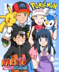  ash_ketchum blonde_hair blue_background blue_eyes blue_hair cosplay costume_switch crossover dawn_(pokemon) hyuuga_hinata jacket naruto_(series) naruto_shippuuden pikachu piplup pokemon pokemon_(anime) pokemon_dppt_(anime) purple_eyes smile uzumaki_naruto 