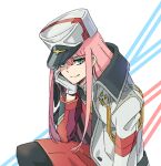  1girl closed_mouth commentary darling_in_the_franxx dress gloves green_eyes hand_on_own_cheek hand_on_own_face hat highres jacket long_hair long_sleeves looking_at_viewer military military_uniform peaked_cap pink_hair red_dress rioco simple_background sitting smile solo uniform white_background white_gloves white_headwear white_jacket zero_two_(darling_in_the_franxx) 