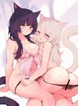  2girls absurdres animal_ear_fluff animal_ears apron areola_slip avatar_(ff14) bangs bar_censor black_hair black_panties black_tail blunt_bangs blush breasts cat_ears cat_girl cat_tail censored chinese_commentary closed_mouth commentary covered_navel covered_nipples facial_mark final_fantasy final_fantasy_xiv frilled_apron frills grey_eyes grey_hair grey_tail heterochromia highres long_hair looking_at_viewer medium_breasts miqo&#039;te mole mole_under_eye multiple_girls naked_apron navel no_bra one_breast_out open_mouth panties panty_pull pulled_by_another red_eyes suggestive_fluid swept_bangs tail underwear wet wet_apron wet_clothes whisker_markings white_apron yellow_eyes zhazhapao 