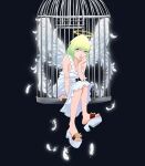  absurdres angel_wings bangs birdcage black_background blue_eyes breasts cage cleavage dress feathers full_body green_hair halo highres ila_(nnnnnnnn8) medium_breasts sandals short_hair simple_background sitting sleeveless sleeveless_dress solo white_dress white_footwear wings 