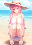  1girl arms_under_breasts beach breasts cameltoe cellphone collarbone crossed_arms cygnus_(cygnus7) dress feet hat highres holding holding_phone large_breasts long_hair looking_at_viewer nail_polish ocean original outdoors panties pantyshot phone pink_eyes pink_hair pink_panties sandals smartphone smile solo squatting straw_hat sundress sunlight thick_thighs thighs toenail_polish toenails toes twitter_username underwear 