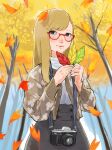  1girl absurdres autumn autumn_leaves black_skirt blonde_hair blue_eyes brown_sweater camera day glasses highres holding holding_leaf ila_(nnnnnnnn8) leaf long_hair looking_at_viewer maple_leaf outdoors red-framed_eyewear shirt skirt solo standing sweater tree white_shirt 