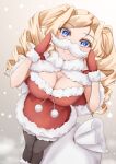  1girl black_pantyhose blonde_hair blue_eyes breasts capelet christmas dress drill_hair fake_facial_hair fake_mustache from_above fur-trimmed_capelet fur-trimmed_dress fur-trimmed_gloves fur_trim gloves highres honolulu_(kancolle) kantai_collection koru_pera large_breasts long_hair official_alternate_costume pantyhose red_capelet red_dress red_gloves santa_dress santa_gloves sleeveless sleeveless_dress solo standing twin_drills twintails 