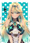  1girl bangs bare_shoulders blonde_hair breasts chest_jewel dress earrings highres jewelry large_breasts long_hair misosio_uma mythra_(massive_melee)_(xenoblade) mythra_(xenoblade) short_dress solo swept_bangs tiara very_long_hair white_dress xenoblade_chronicles_(series) xenoblade_chronicles_2 yellow_eyes 