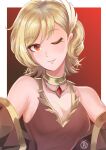  1girl bangs blonde_hair breasts citrinne_(fire_emblem) cleavage close-up detached_sleeves fire_emblem fire_emblem_engage hair_ornament highres jewelry looking_at_viewer medium_breasts one_eye_closed orange_eyes portrait revolverwing smile solo swept_bangs upper_body wavy_hair 