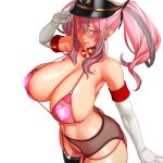  1girl :q arm_up azur_lane bangs bare_shoulders black_choker black_thighhighs blush bra breasts bremerton_(azur_lane) choker cleavage collarbone colored_pubic_hair covered_nipples cowboy_shot crotchless crotchless_panties elbow_gloves english_commentary from_above garter_belt gloves grey_hair hair_between_eyes hair_intakes hair_ornament hat large_breasts lifebuoy_ornament long_hair looking_at_viewer lucknight mole mole_on_breast mole_under_eye multicolored_hair navel navel_piercing panties peaked_cap piercing pink_bra pink_eyes pink_hair pink_panties pink_pubic_hair pubic_hair salute sidelocks simple_background skindentation smile solo standing stomach streaked_hair sweat thighhighs tongue tongue_out twintails two-tone_hair underwear white_background white_gloves white_headwear 