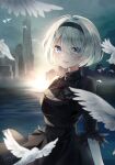  1girl absurdres bangs bird black_dress blue_eyes building cleavage_cutout clothing_cutout dress hair_between_eyes highres looking_at_viewer nier_(series) nier_automata open_mouth short_hair smile solo spi white_hair yorha_no._2_type_b 