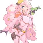  1girl ;d ahoge animal_ears bangs blue_eyes bodysuit breasts cowboy_shot energy_gun gun hair_ornament highres holding holding_gun holding_weapon large_breasts leaning_forward long_hair looking_at_viewer moa_(show_by_rock!!) nyama one_eye_closed pink_bodysuit pink_hair ray_gun show_by_rock!! simple_background smile solo star_(symbol) star_hair_ornament tail trigger_discipline very_long_hair weapon white_background 