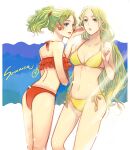  2girls bangs bikini blonde_hair blue_eyes celes_chere final_fantasy final_fantasy_vi green_bikini green_hair high_ponytail highres long_hair multiple_girls odendazo parted_bangs ponytail red_bikini side-tie_bikini_bottom square_enix swimsuit tina_branford wavy_hair 