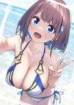  1girl absurdres baffu bikini blue_eyes breasts brown_hair cleavage highres hitoyo_(baffu) huge_breasts midriff navel open_mouth original peace_symbol short_hair solo swimsuit v 