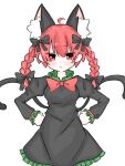  1girl :/ ahoge animal_ear_fluff animal_ears black_bow black_dress black_tail blush bow bowtie braid cat_ears cat_tail closed_mouth cowboy_shot dress extra_ears fang fang_out frilled_dress frilled_sleeves frills fumomono furrowed_brow glaring hair_between_eyes hair_bow hands_on_hips highres juliet_sleeves kaenbyou_rin long_hair long_sleeves looking_at_viewer multiple_tails nekomata puffy_sleeves red_bow red_bowtie red_eyes red_hair simple_background skin_fang solo tail touhou tsurime twin_braids two_tails white_background 