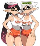  +_+ 2girls black_hair breasts callie_(splatoon) cleavage closed_mouth commission copyright_name cousins dot_mouth earrings grey_hair hand_on_hip highres jewelry large_breasts long_pointy_ears looking_at_viewer marie_(splatoon) multiple_girls nintendo no_legwear orange_shorts pointy_ears shirt shorts simple_background skeb_commission sleeveless sleeveless_shirt splatoon_(series) splatoon_1 tentacle_hair white_background white_hair white_shirt yellow_eyes yuta_agc 