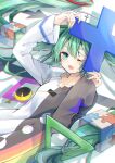  1girl absurdres arm_up bangs blush cube_hair_ornament dress green_eyes green_hair hair_ornament hand_up hatsune_miku hello_good_night_(module) highres holding jewelry jigsaw_puzzle key_necklace long_hair long_sleeves lying nagitofuu necklace negapoji_continues_(vocaloid) on_back one_eye_closed open_mouth puzzle puzzle_piece rainbow smile solo twintails very_long_hair vocaloid 