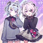  2girls :d ahoge bangs black_shirt blush bow buttons chain closed_mouth cowboy_shot eyepatch fishnet_gloves fishnets frilled_skirt frills gloves grey_hair hair_bow hair_intakes hair_ornament hairband hand_up hands_up head_tilt heart heart_ahoge heart_hair long_sleeves looking_at_viewer looking_away maria_marionette multiple_girls nijisanji nijisanji_en one_eye_covered open_mouth pink_eyes pink_hair plaid plaid_skirt pleated_skirt purple_eyes ribbon shirt sir_ventrilo_(maria_marionette) skirt sleeves_past_wrists smile standing star_(symbol) star_hair_ornament suspenders sweater virtual_youtuber waka_(wk4444) zaion_lanza 