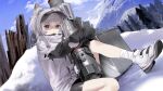  1girl animal_ears bandaged_leg bandages black_shorts blue_sky cat_ears cloud dohyo123123 double_bun goddess_of_victory:_nikke grey_hair gun hair_bun holding holding_gun holding_weapon hood hoodie mountain n102_(nikke) no_pupils open_mouth rocket_launcher scared shoes short_hair shorts sky snow solo thighs tree twintails weapon white_hair white_hoodie 