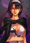  1girl animal_print bangs bird_print black_hair black_scarf breasts brown_eyes cleavage headband hungry_clicker kazama_jun looking_at_viewer medium_breasts scarf shirt short_hair sleeveless solo tekken tekken_tag_tournament_2 white_shirt 