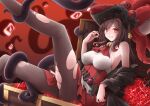  1girl ascot azur_lane breasts brown_hair corset gem hat highres large_breasts long_hair meihemu pantyhose pirate_hat red_ascot red_corset red_eyes red_skirt royal_fortune_(azur_lane) skirt smile solo tentacles torn_clothes torn_pantyhose treasure_chest 
