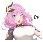  !? 1girl :o artist_name bangs blue_eyes breasts cleavage cleavage_cutout clothing_cutout cropped_torso elf elysia_(honkai_impact) elysia_(miss_pink_elf)_(honkai_impact) hair_ornament highres honkai_(series) honkai_impact_3rd large_breasts long_hair looking_at_viewer open_mouth pink_hair pointy_ears shrug_(clothing) signature simple_background sohugh2 solo upper_body white_background 