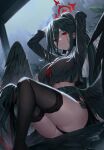  1girl absurdres arms_behind_head black_hair black_panties black_serafuku black_shirt black_skirt black_thighhighs black_wings blue_archive breasts closed_mouth commentary grey_sky hair_between_eyes hairband halo hasumi_(blue_archive) highres large_breasts long_hair looking_at_viewer low_wings midriff mole mole_under_eye neckerchief panties ponytail red_eyes red_neckerchief roi_(liu_tian) school_uniform serafuku shirt sitting skirt sky smile solo thighhighs thighs underwear white_hairband wings 