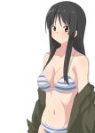  1girl akiyama_mio bangs bikini black_eyes black_hair blush breasts cleavage closed_mouth collarbone commentary_request hateri highres hime_cut k-on! large_breasts long_hair navel sidelocks simple_background smile solo standing striped striped_bikini swimsuit white_background 