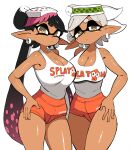  +_+ 2girls black_hair breasts callie_(splatoon) cleavage closed_mouth commission copyright_name cousins dot_mouth earrings grey_hair hand_on_hip highres jewelry large_breasts long_pointy_ears looking_at_viewer marie_(splatoon) multiple_girls nintendo no_legwear orange_shorts pointy_ears shirt shorts simple_background skeb_commission sleeveless sleeveless_shirt splatoon_(series) splatoon_1 tan tentacle_hair white_background white_hair white_shirt yellow_eyes yuta_agc 