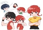  black_hair blue_eyes blue_hair blush_stickers bow breasts closed_eyes highres one_eye_closed open_mouth ranma-chan ranma_1/2 red_bow red_hair rmo3o saotome_ranma school_uniform short_hair simple_background smile tendou_akane variations white_background 