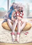  2girls arms_behind_back ball_gag bare_shoulders bdsm between_legs blue_eyes blue_hair blush bound bound_ankles bound_arms breasts bronya_zaychik commentary_request drill_hair facing_viewer feet full_body gag ginklaga green_eyes grey_hair highres holding holding_sex_toy honkai_(series) honkai_impact_3rd indoors long_hair looking_at_another looking_back medium_hair midriff multicolored_hair multiple_girls on_pillow remote_control_vibrator rope_marks see-through sex_toy shibari sleeveless small_breasts smile spread_legs theresa_apocalypse thighhighs twin_drills two-tone_hair veil very_long_hair vibrator vibrator_over_clothes white_hair yuri 