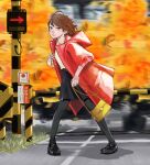  1girl absurdres autumn autumn_leaves bag black_footwear black_pantyhose black_skirt blurry blurry_background blush brown_hair coat grass ground_vehicle handbag highres hood hood_down hooded_coat ila_(nnnnnnnn8) looking_at_viewer medium_hair original pantyhose railroad_crossing red_coat road_sign sign skirt solo standing train 