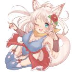  1girl ;d animal_ear_fluff animal_ears arm_guards bare_shoulders blue_eyes blue_leotard blue_thighhighs blush breasts cleavage double_fox_shadow_puppet flower fox_ears fox_girl fox_shadow_puppet fox_tail full_body garter_straps grey_hair hair_flower hair_ornament hands_up highres howan_(show_by_rock!!) leotard long_hair medium_breasts nail_polish nyama one_eye_closed ponytail red_flower red_nails short_eyebrows show_by_rock!! simple_background smile solo tail thick_eyebrows thighhighs very_long_hair white_background 