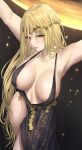  1girl absurdres areola_slip armpits arms_up bangs bare_shoulders black_background black_dress blonde_hair breasts circlet cleavage dress elden_ring from_above halterneck highres large_breasts long_hair nyatokanyaru parted_lips queen_marika_the_eternal revealing_clothes solo thighs very_long_hair yellow_eyes 