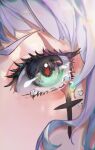  1girl absurdres arknights blue_eyes close-up crying crying_with_eyes_open eye_focus facial_tattoo grey_hair highres irene_(arknights) long_hair looking_at_viewer miyano_haruto red_pupils scar scar_across_eye solo tattoo tears 