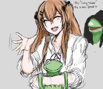  arm_hug black_ribbon brown_hair closed_eyes english_text girls&#039;_frontline grey_background hair_between_eyes hair_ornament hair_ribbon hairclip hood hood_over_eyes hood_up kermit_the_frog long_hair long_sleeves masso_nullbuilt meme muppets neck_ribbon open_mouth ribbon scar scar_across_eye shirt simple_background sleeves_rolled_up smile twintails ump9_(girls&#039;_frontline) upper_body waving white_shirt 