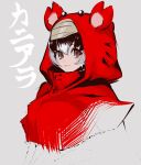  1girl animal_hood bangs brown_eyes brown_hair closed_mouth crab-eating_raccoon_(kemono_friends) cropped_torso grey_hair highres hood hood_up kemono_friends light_smile looking_at_viewer multicolored_hair notora sketch solo white_hair 