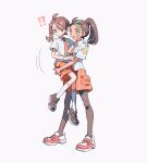  !? 2girls bangs black_hair black_pantyhose braid brown_eyes brown_hair carrying collared_shirt full_body green_hair highres juliana_(pokemon) multicolored_hair multiple_girls necktie nemona_(pokemon) orange_eyes orange_necktie orange_shorts pantyhose pocket pokemon pokemon_(game) pokemon_sv ponytail shirt shorts socks two-tone_hair uruba white_background white_shirt 