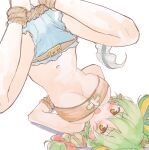  1girl arms_behind_back bangs blue_shorts blush bound bound_ankles bound_wrists breasts brown_eyes cleavage cleavage_cutout clothing_cutout green_hair hair_between_eyes highres jacqueline_(show_by_rock!!) knees_apart_feet_together large_breasts long_hair looking_at_viewer navel nyama open_mouth short_shorts shorts show_by_rock!! simple_background solo tail upside-down white_background 
