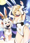  2girls :d alternate_costume animal_ears arms_up azuma_yuki blonde_hair boots breasts bug cleavage cloud dated fake_animal_ears firefly flower full_moon genshin_impact hair_flower hair_ornament halo hands_up highres leotard looking_at_viewer lumine_(genshin_impact) medium_breasts moon multiple_girls night night_sky open_mouth paimon_(genshin_impact) purple_eyes rabbit_ears short_hair signature sky smile star_(sky) starry_sky thigh_boots thighhighs thighs white_footwear white_hair white_leotard white_thighhighs yellow_eyes 