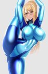  1girl aqua_eyes arms_up blonde_hair blue_bodysuit bodysuit flexible hair_between_eyes highres impossible_bodysuit impossible_clothes leg_lift leg_up long_hair metroid ponytail samus_aran skin_tight solo split standing standing_on_one_leg standing_split volyz zero_suit 