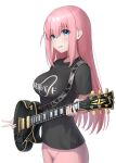  1girl absurdres black_shirt bocchi_the_rock! breasts electric_guitar gotou_hitori guitar hair_between_eyes highres holding holding_instrument instrument long_hair looking_at_viewer medium_breasts pink_hair shirt short_sleeves sidelocks simple_background solo topgear white_background 