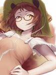  1girl animal_ears bangs beizi brown_eyes brown_hair brown_shirt closed_mouth futatsuiwa_mamizou glasses hand_on_hip leaf leaf_on_head raccoon_ears raccoon_girl raccoon_tail shirt short_hair short_sleeves smile solo tail touhou white_background 